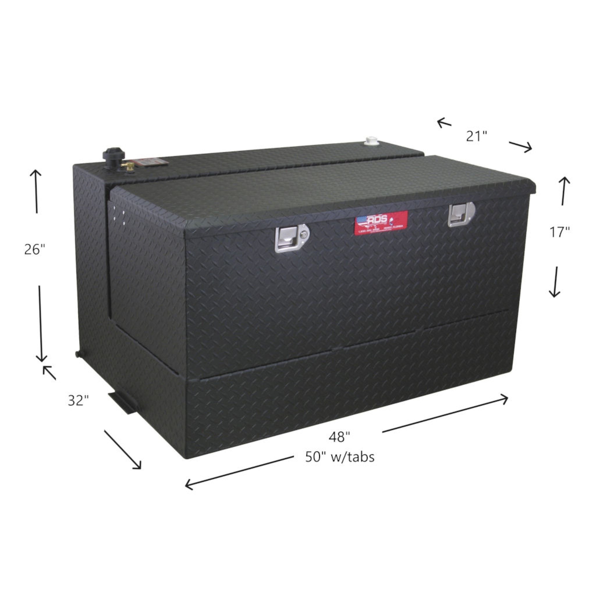 RDS 95-gallon black aluminum transfer fuel tank/toolbox dimensions: 26"H total, 31"W, 50"L with tabs, 17"H toolchest for accurate truck bed installation.