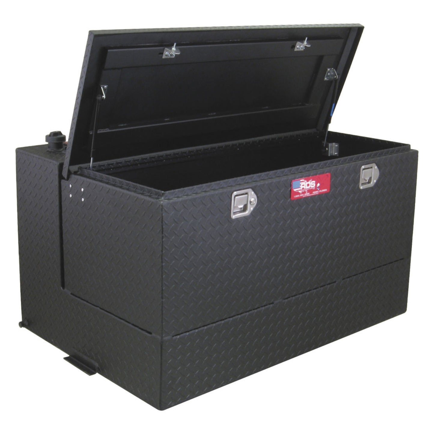 Open interior of RDS 95-gallon black aluminum fuel tank/toolbox combo: gas strut-supported lid with ample storage for tools and gear.