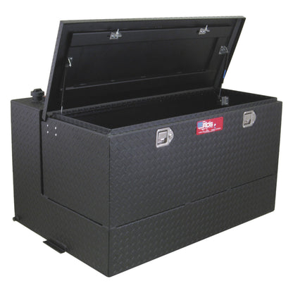 Open interior of RDS 95-gallon black aluminum fuel tank/toolbox combo: gas strut-supported lid with ample storage for tools and gear.