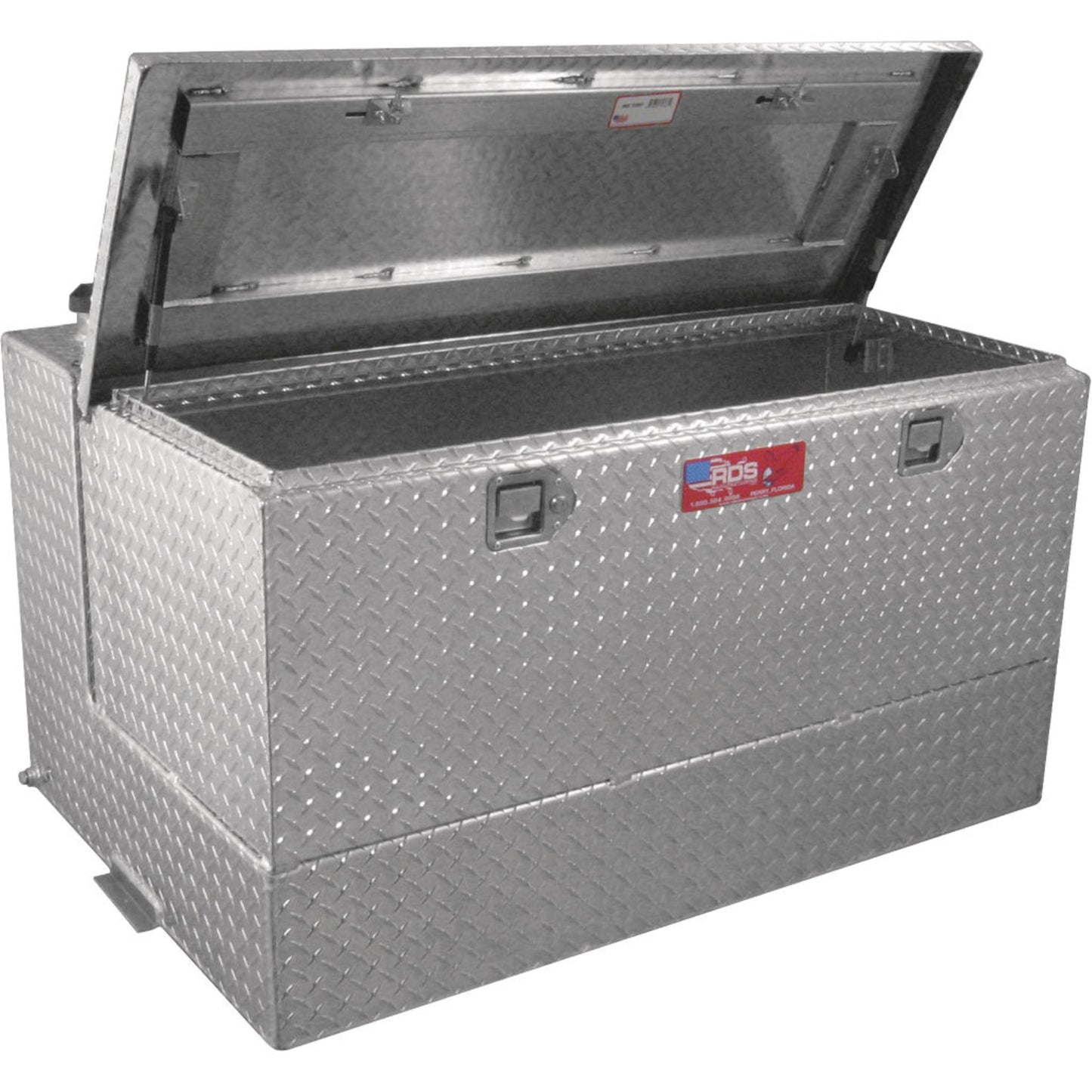 Open view of RDS 95-gallon aluminum fuel tank/toolbox combo: spacious interior storage with gas strut lid for tools and accessories.