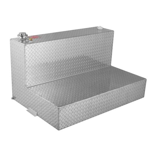 Angled view of 95-gallon RDS diamond-plate aluminum transfer fuel tank, L-shaped design with brass vent, compliance label, and mounting tab
