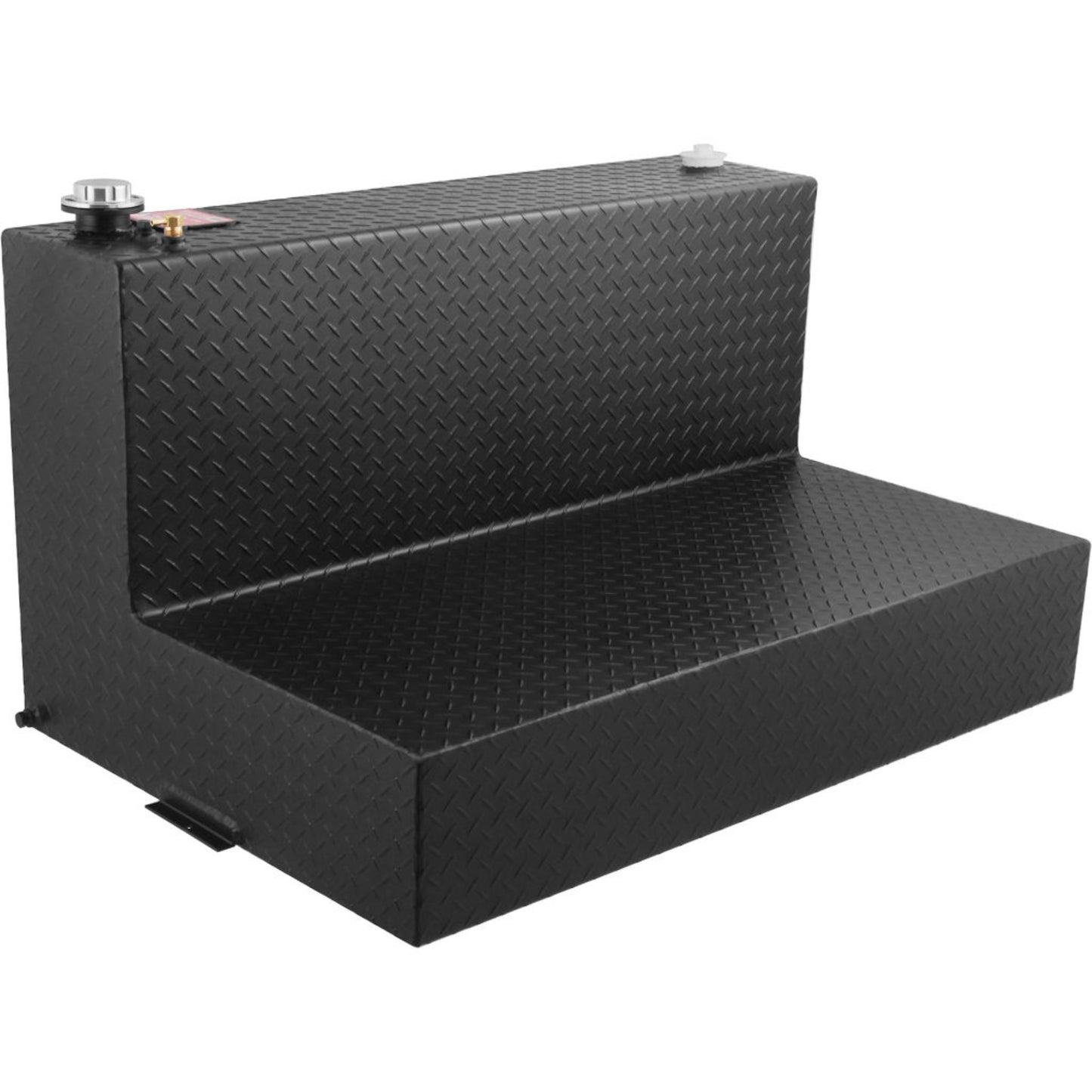Main angled view: L-shaped black tank with fill cap, vent, and tabs.