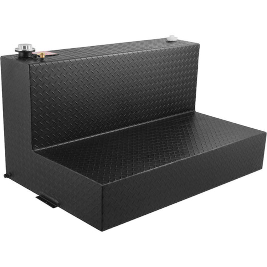 Main angled view: L-shaped black tank with fill cap, vent, and tabs.