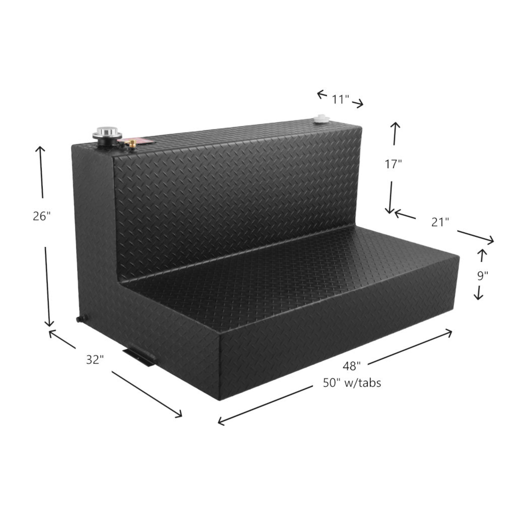 Dimensions diagram: Measurements (26"H x 17"/11"W x 32"D x 48"/50"L with tabs).