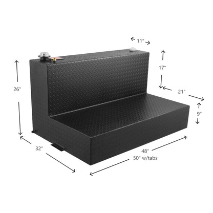 Dimensions diagram: Measurements (26"H x 17"/11"W x 32"D x 48"/50"L with tabs).