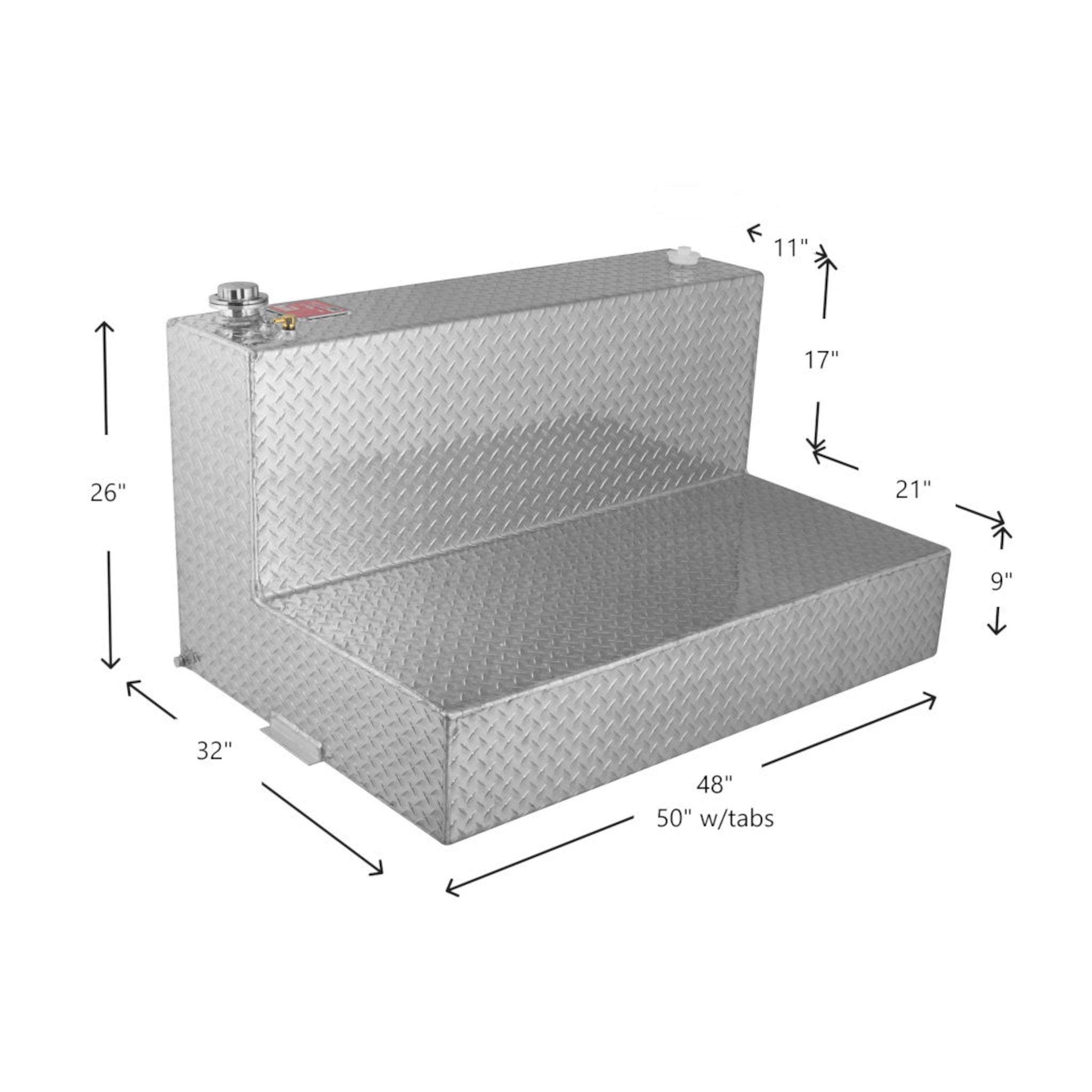 95-gallon RDS L-shaped aluminum transfer fuel tank dimensions: 26" H x 32" W x 48" L (50" w/tabs), 17" step, diamond-plate with fill cap and tabs
