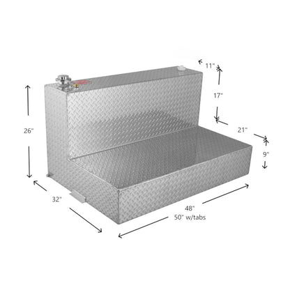 95-gallon RDS L-shaped aluminum transfer fuel tank dimensions: 26" H x 32" W x 48" L (50" w/tabs), 17" step, diamond-plate with fill cap and tabs
