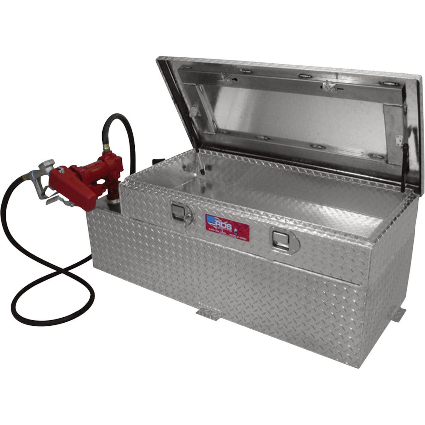 Open RDS aluminum diamond-plate tank toolbox combo with integrated red rotary pump, hose, nozzle, and lockable storage for fuel transfer