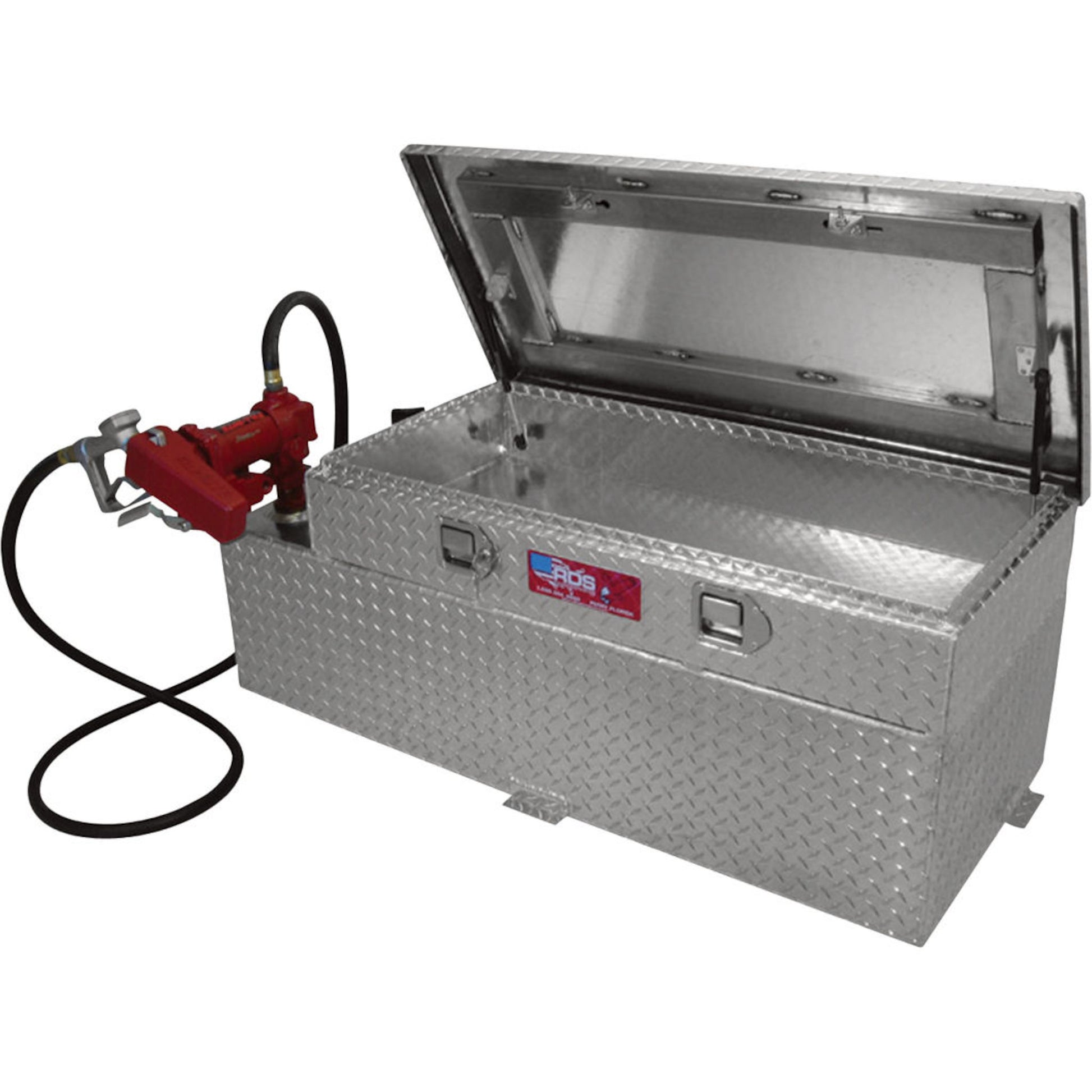 Open RDS aluminum diamond-plate tank toolbox combo with integrated red rotary pump, hose, nozzle, and lockable storage for fuel transfer