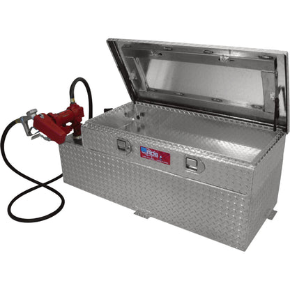 Open RDS aluminum diamond-plate tank toolbox combo with integrated red rotary pump, hose, nozzle, and lockable storage for fuel transfer