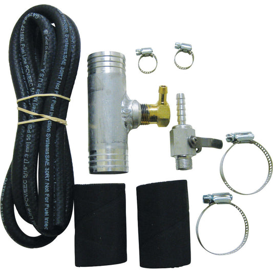 RDS auxiliary diesel install kit : 3/8" SAE fuel hose, aluminum tee adapter with brass valve, clamps, and insulators for easy OEM connection.