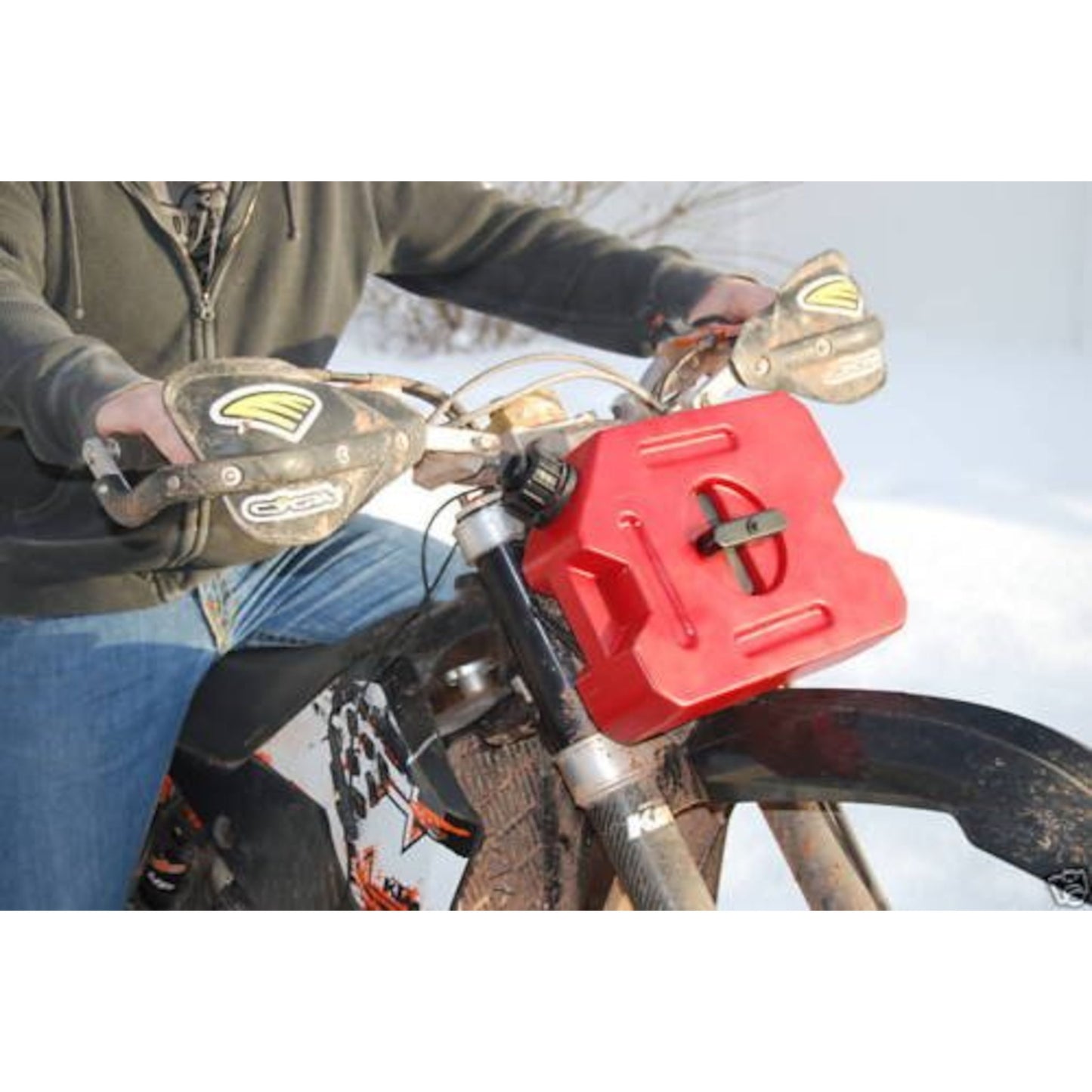 RotoPax 1 gallon gasoline fuel container mounted on off-road motorcycle