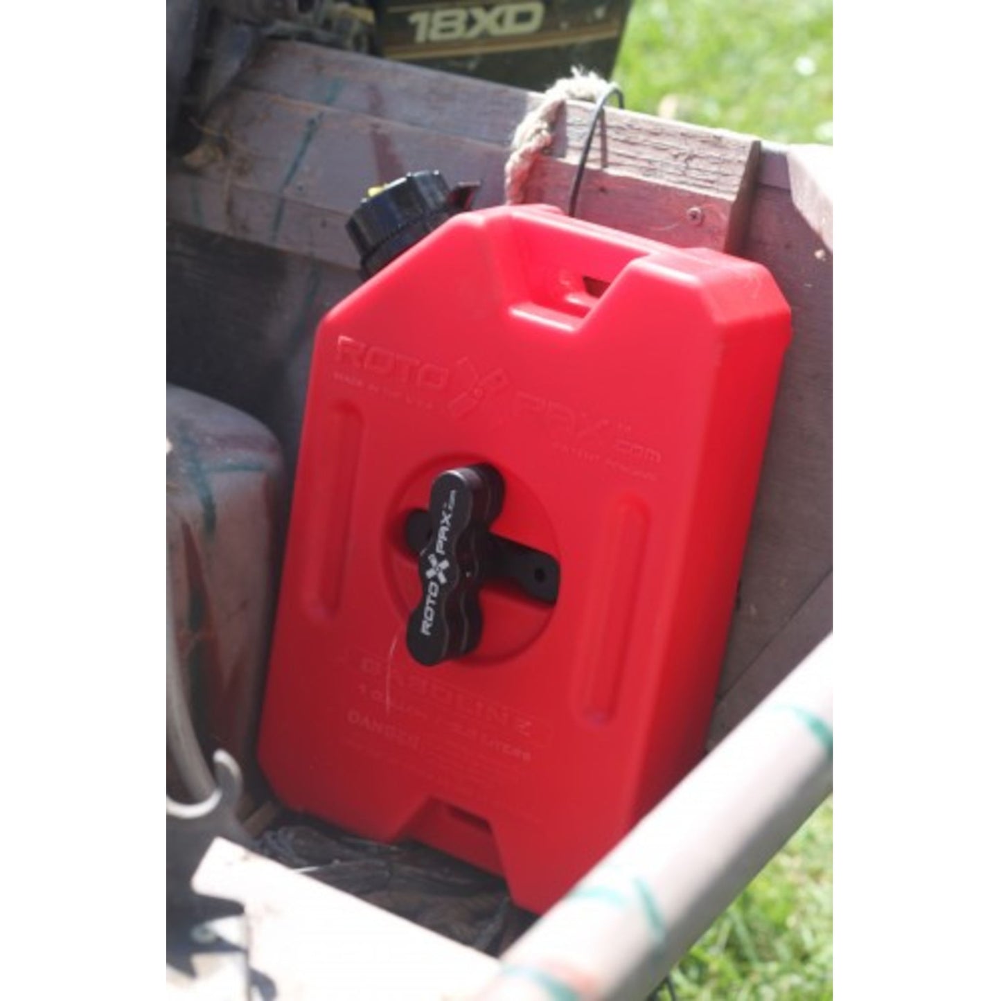 RotoPax 1 gallon gasoline fuel container mounted for outdoor utility use