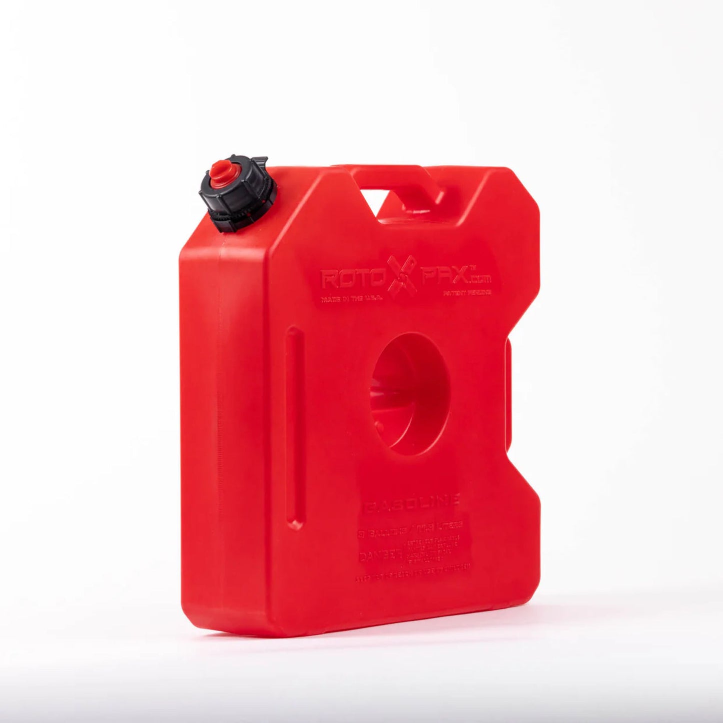 Side profile of RotoPax 3 gallon gasoline fuel container mounted-ready shape