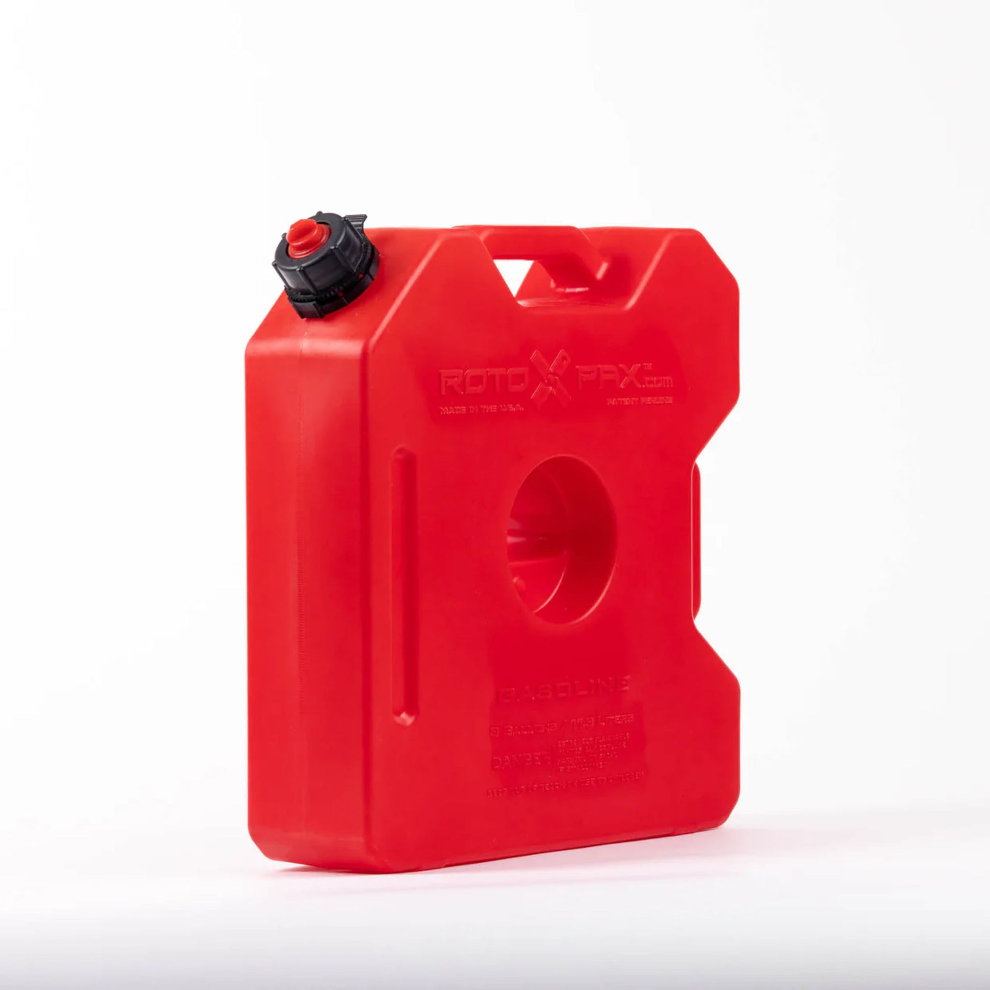 Side profile of RotoPax 3 gallon gasoline fuel container mounted-ready shape