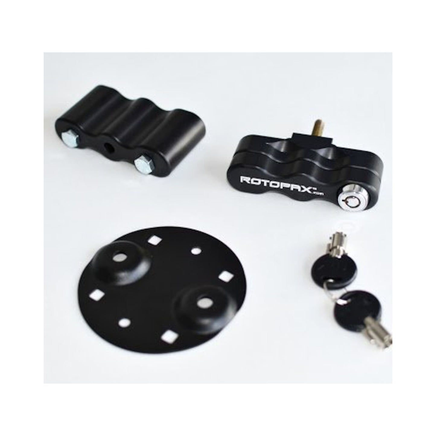 RotoPax locking pack mount components including base plate and keys