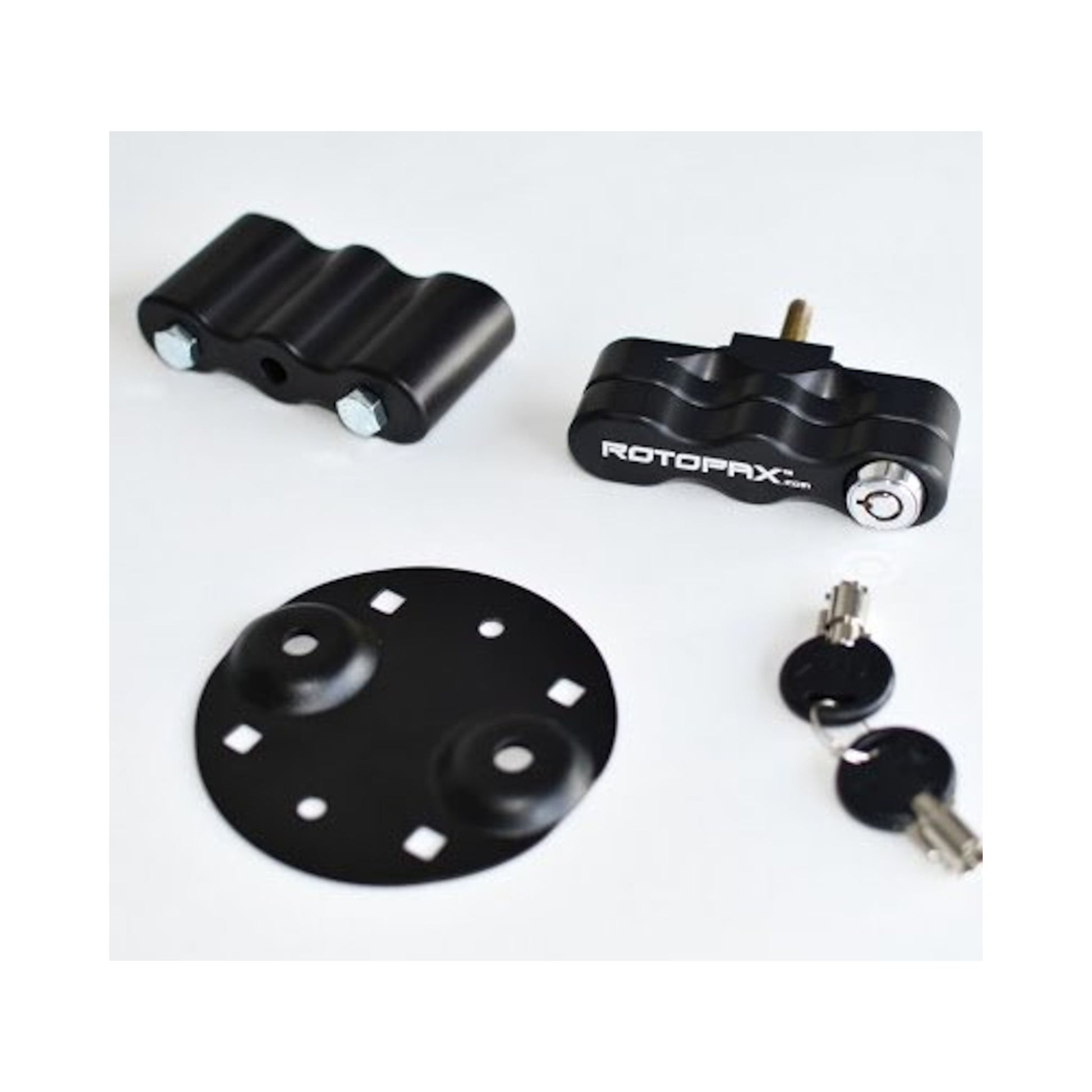 RotoPax locking pack mount components including base plate and keys
