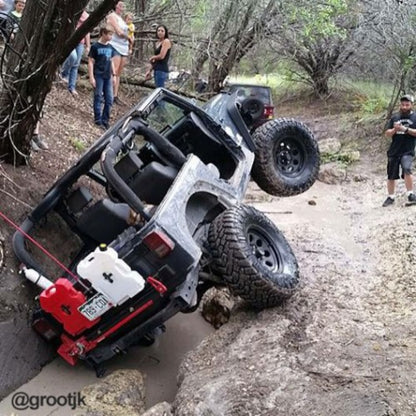 RotoPax locking pack mount securing fuel container during off-road recovery