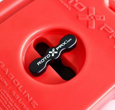 RotoPax RX-PM pack mount top view with logo with red gasoline container background