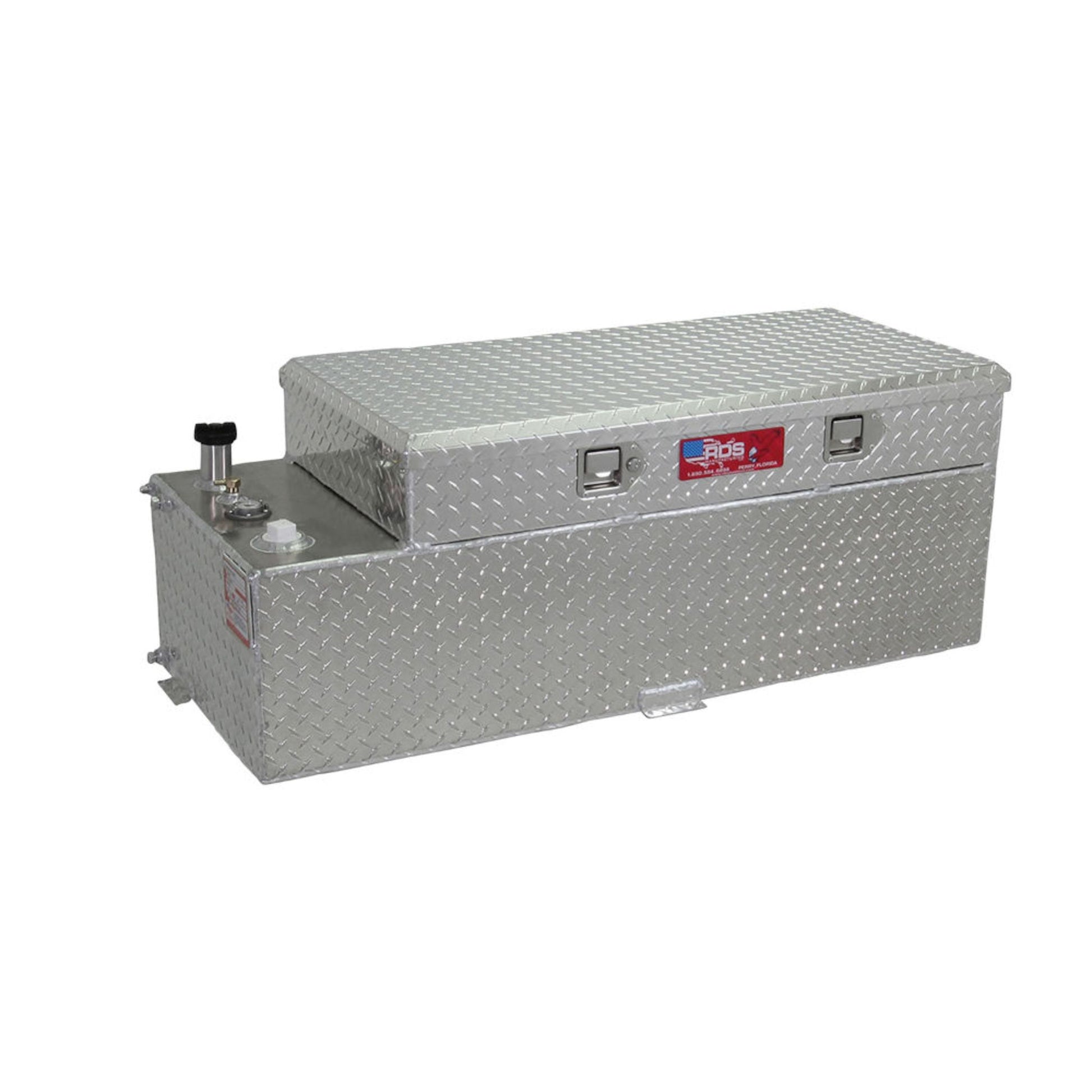 RDS 51-gallon diamond-plate aluminum transfer fuel tank toolbox combo: closed lockable lid, brass vent cap, red label, and mounting tabs