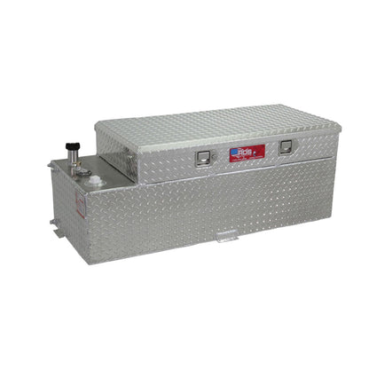 RDS 51-gallon diamond-plate aluminum transfer fuel tank toolbox combo: closed lockable lid, brass vent cap, red label, and mounting tabs