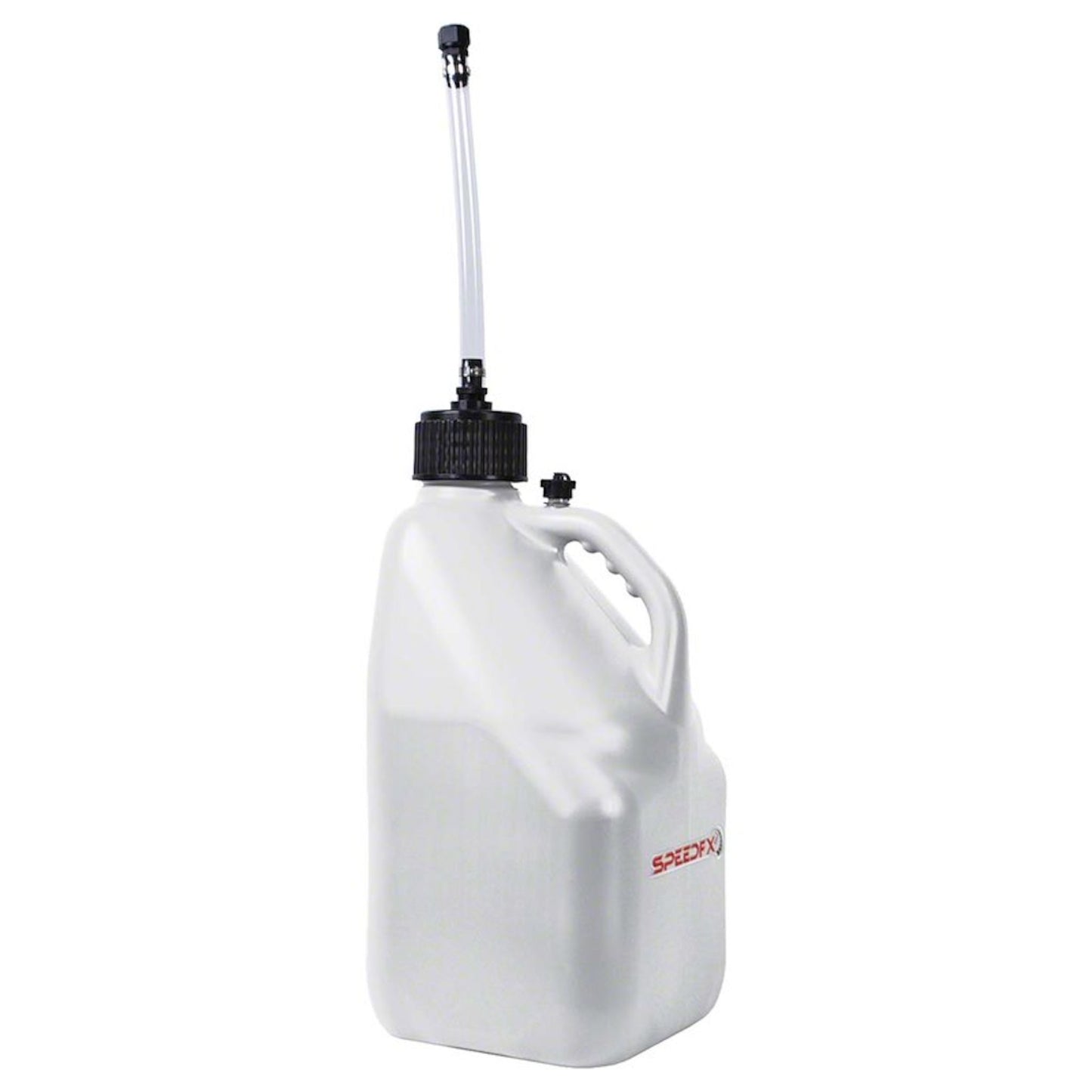 SpeedFX 5 gallon white utility jug with filler hose and cap front view