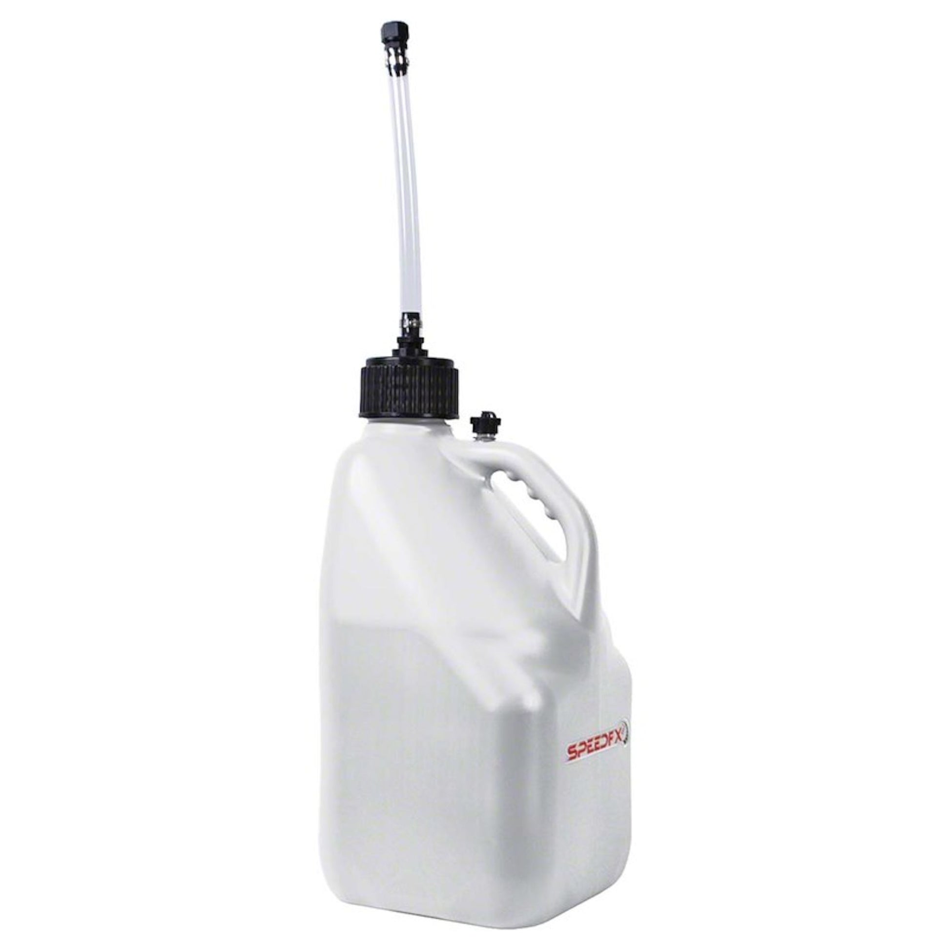 SpeedFX 5 gallon white utility jug with filler hose and cap front view