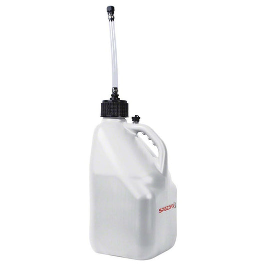 SpeedFX 5 gallon white utility jug with filler hose and cap front view