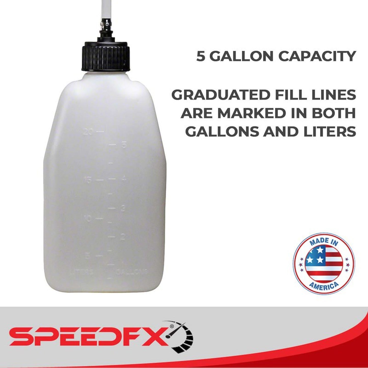 SpeedFX 5 gallon utility jug graduated fill lines in gallons and liters
