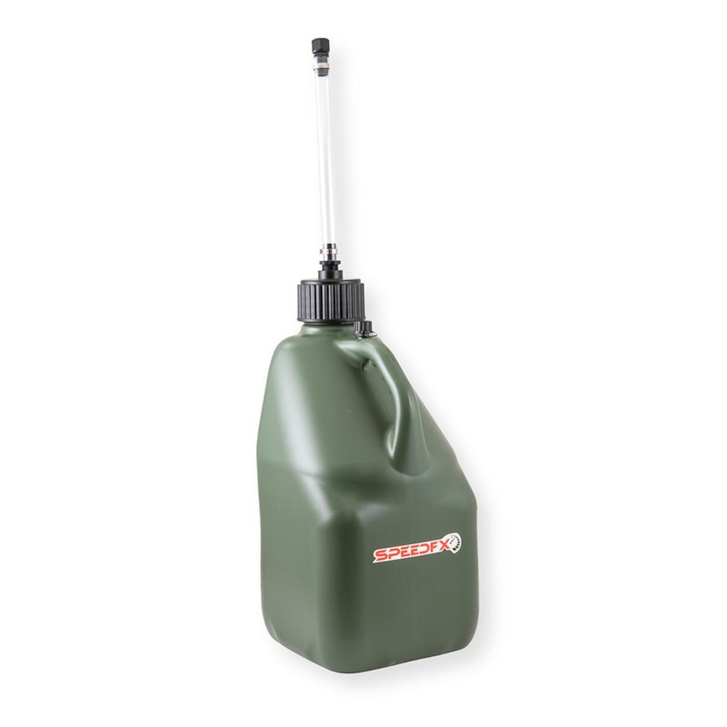 Angled view of SpeedFX olive 5 gallon utility jug with integrated handle and hose