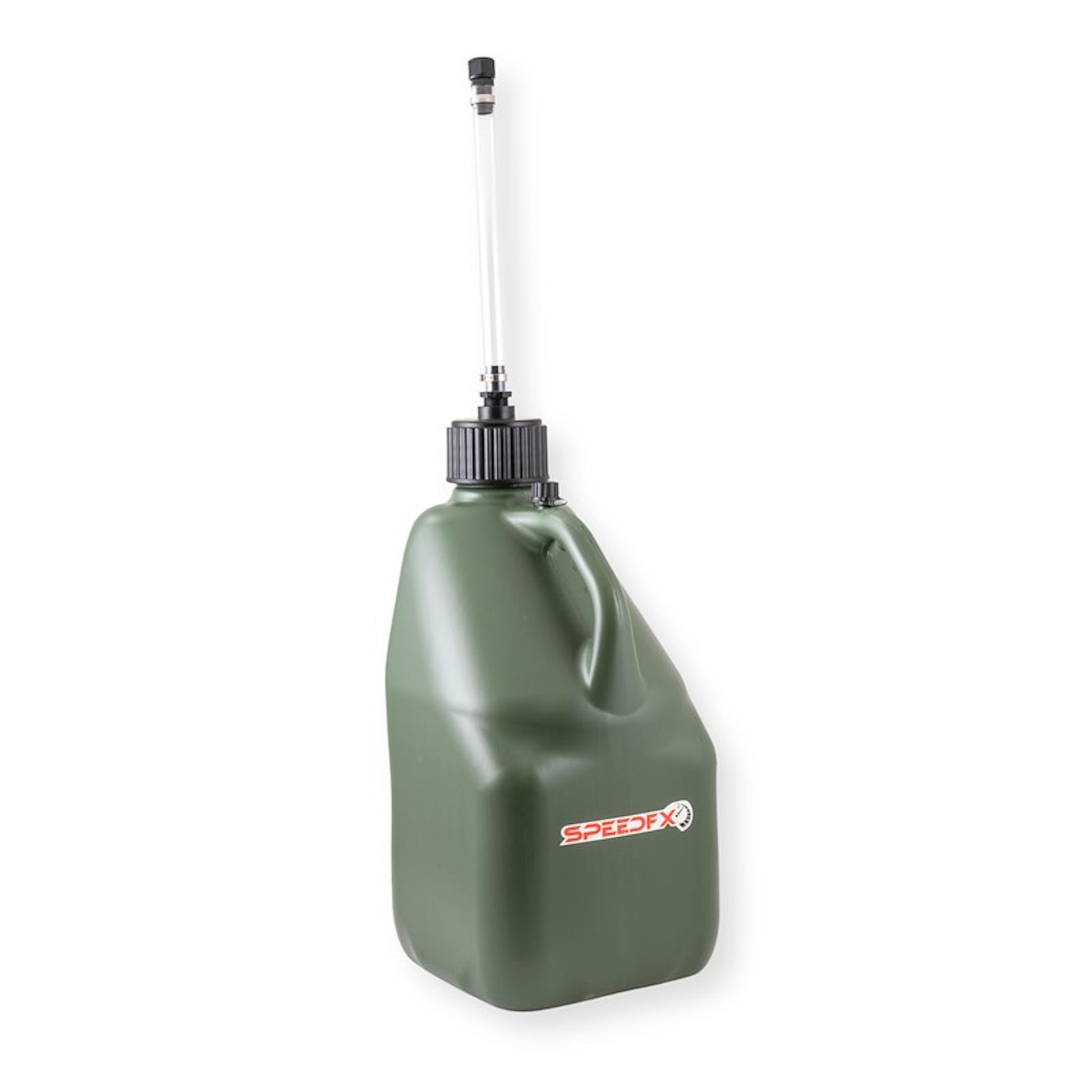 Angled view of SpeedFX olive 5 gallon utility jug with integrated handle and hose