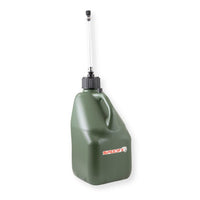 Angled view of SpeedFX olive 5 gallon utility jug with integrated handle and hose