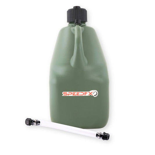 SpeedFX 5 gallon utility jug in olive green with filler hose and cap, front view