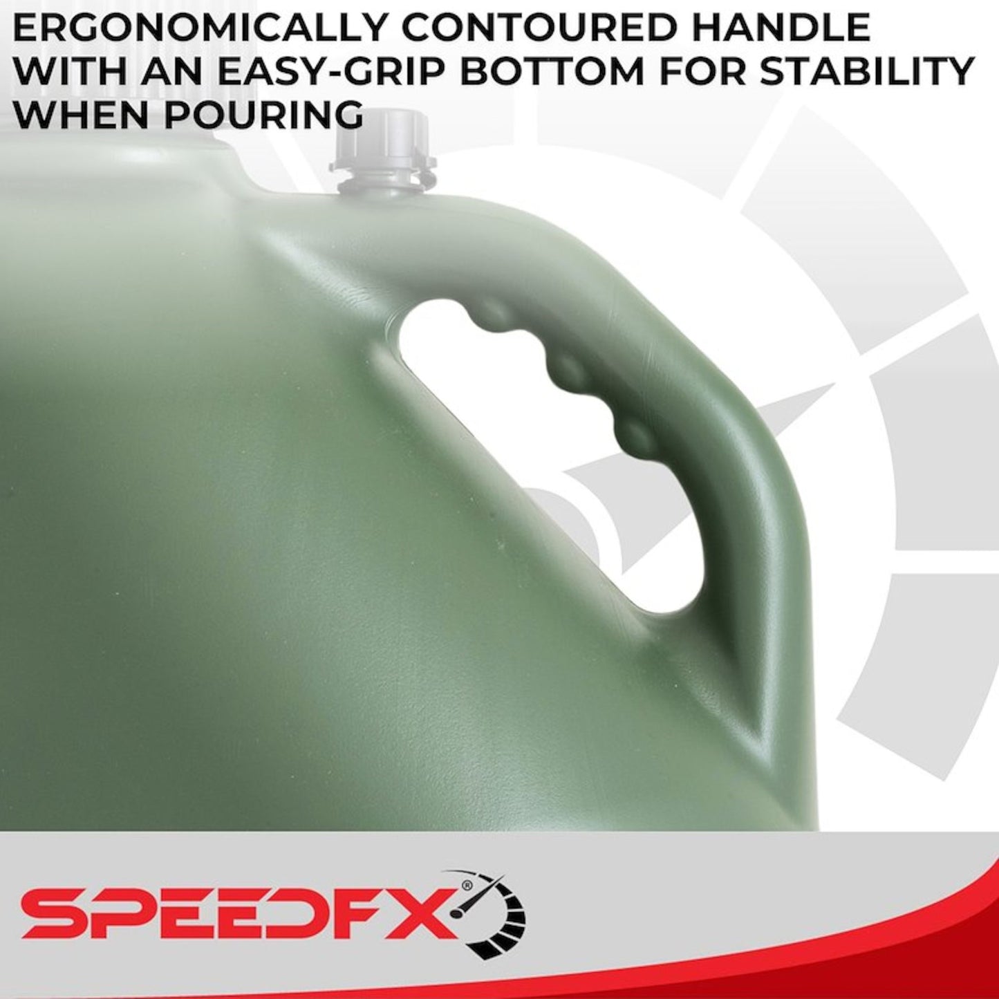 Ergonomically contoured handle on SpeedFX olive utility jug for controlled pouring