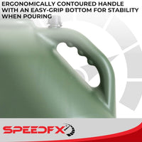 Ergonomically contoured handle on SpeedFX olive utility jug for controlled pouring