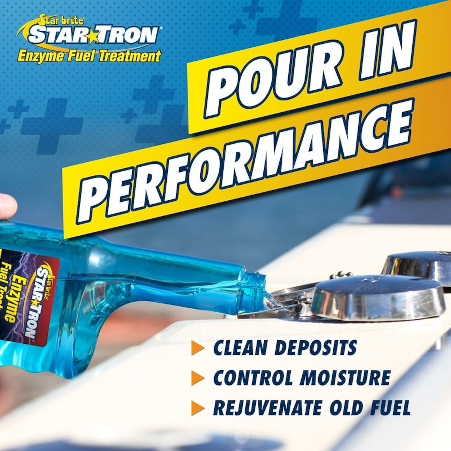 Star Tron enzyme fuel treatment gasoline formula being poured into fuel tank improves performance