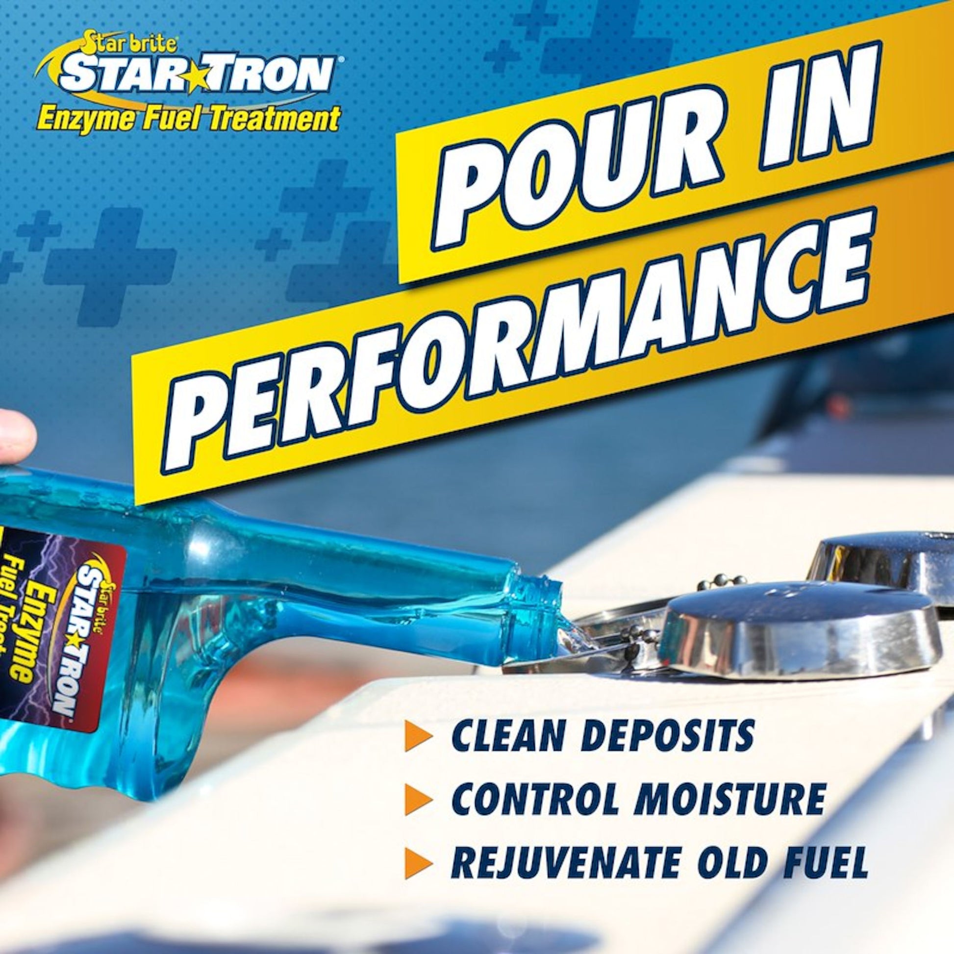 Star Tron enzyme fuel treatment gasoline formula being poured into fuel tank improves performance
