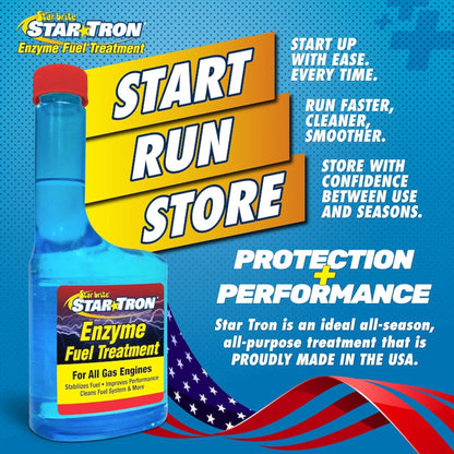 Star Tron enzyme fuel treatment gasoline formula start run store protection and performance graphic