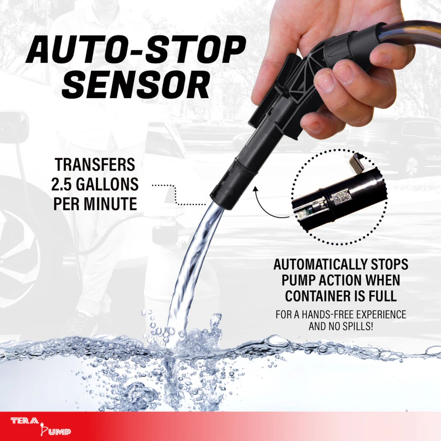 TERA PUMP fuel transfer pump auto stop sensor prevents spills
