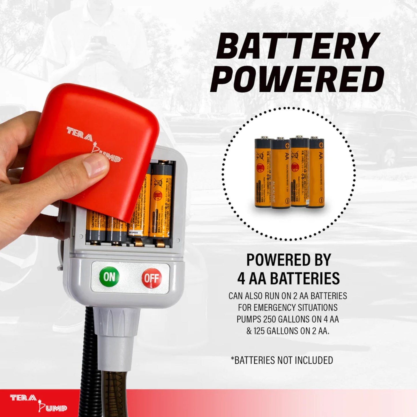 TERA PUMP battery powered fuel transfer pump using AA batteries