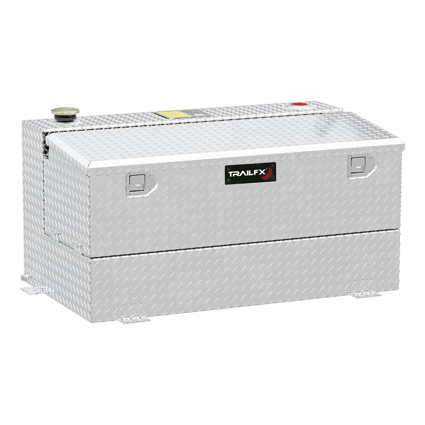 TrailFX 75-gallon silver diamond-plate aluminum transfer tank/toolbox combo: lockable lids, drain plug, and mounting tabs for secure liquid transport.