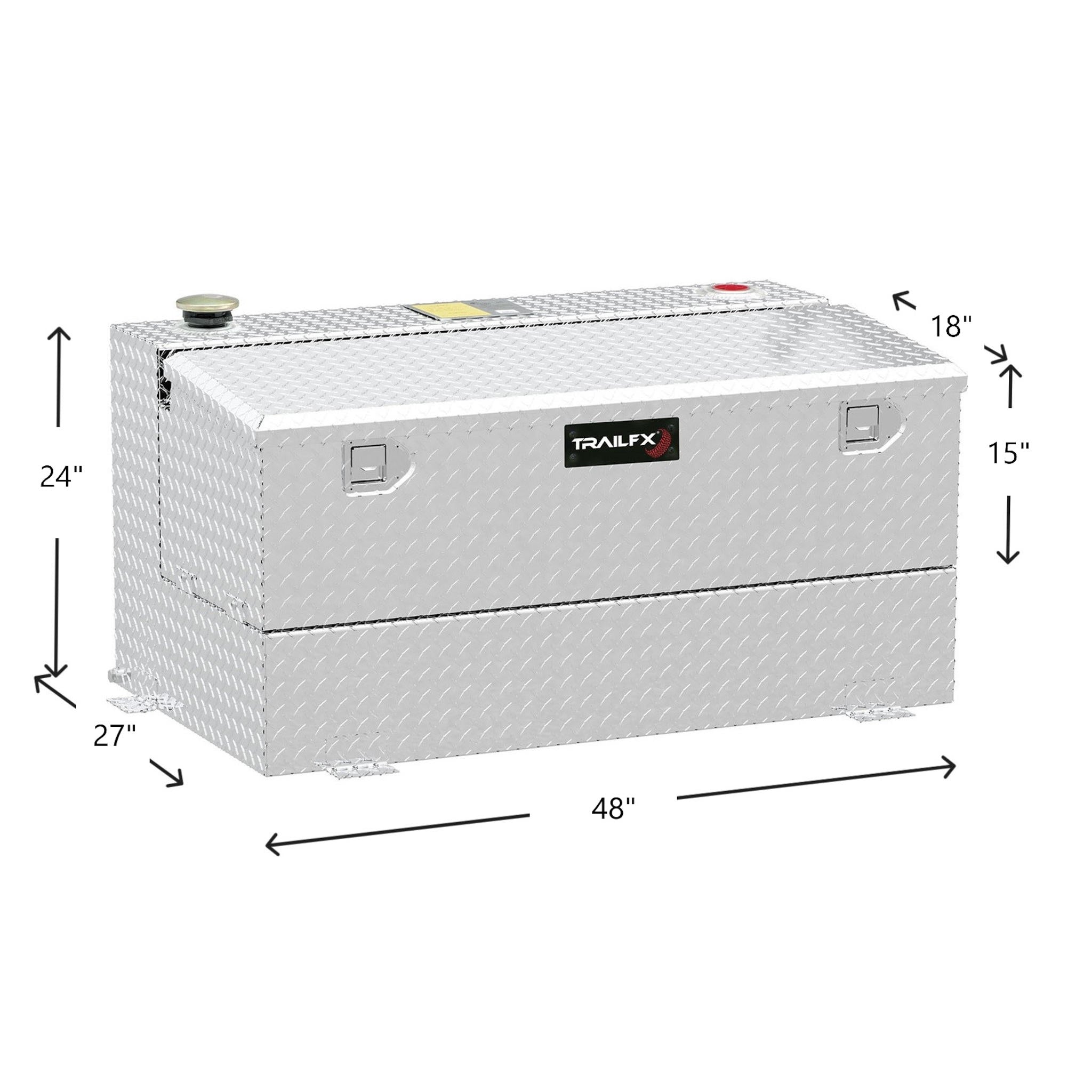TrailFX 75-gallon silver diamond-plate transfer tank/toolbox dimensions: 48"L, 24"H tank, 15"H toolbox, 27"W with tabs for full-size truck bed fit.
