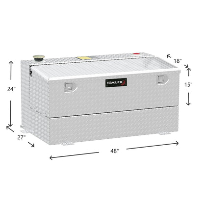 TrailFX 75-gallon silver diamond-plate transfer tank/toolbox dimensions: 48"L, 24"H tank, 15"H toolbox, 27"W with tabs for full-size truck bed fit.