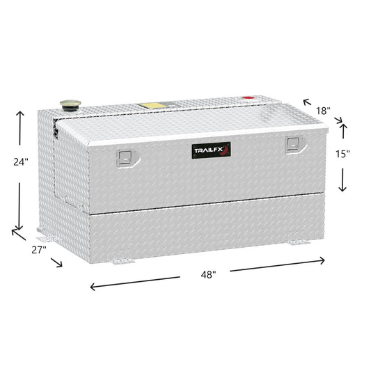 TrailFX 75-gallon silver diamond-plate transfer tank/toolbox dimensions: 48"L, 24"H tank, 15"H toolbox, 27"W with tabs for full-size truck bed fit.